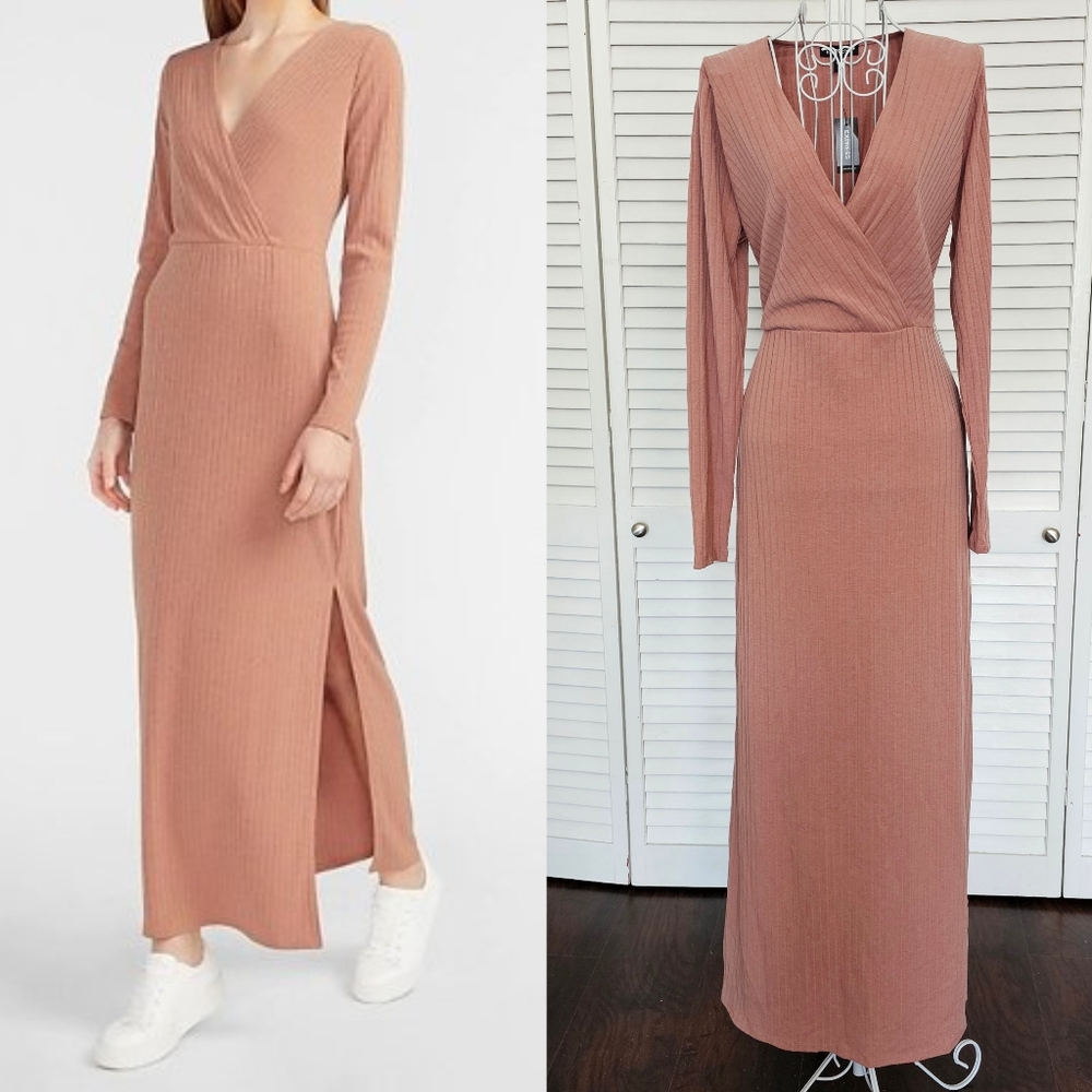 NWT Express Long Sleeve Ribbed Side Slit Dress V-Neck Faux Wrap Blush Pink SizeM